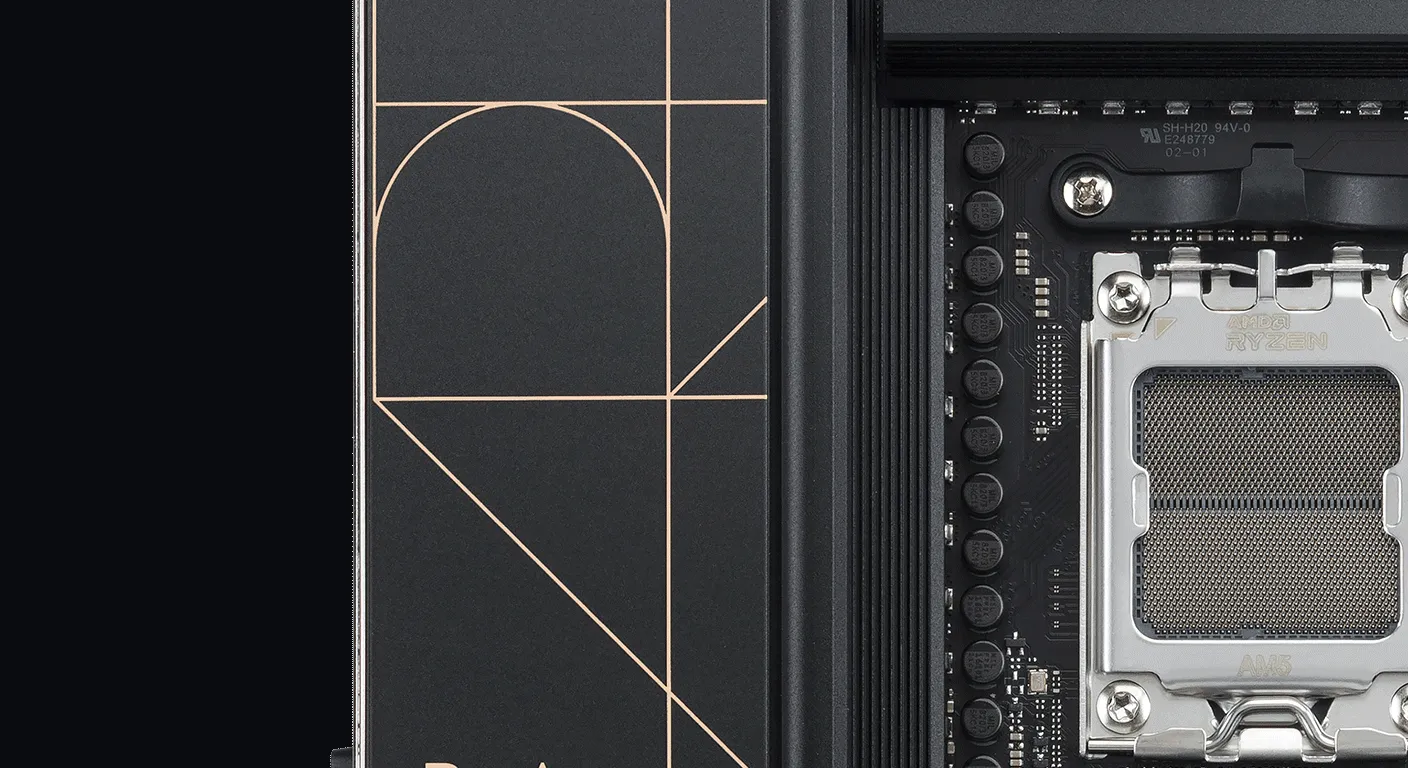 Black ASUS ProArt motherboard with gold accents, CPU socket, RAM slots, and M.2 slots, featuring geometric design elements.