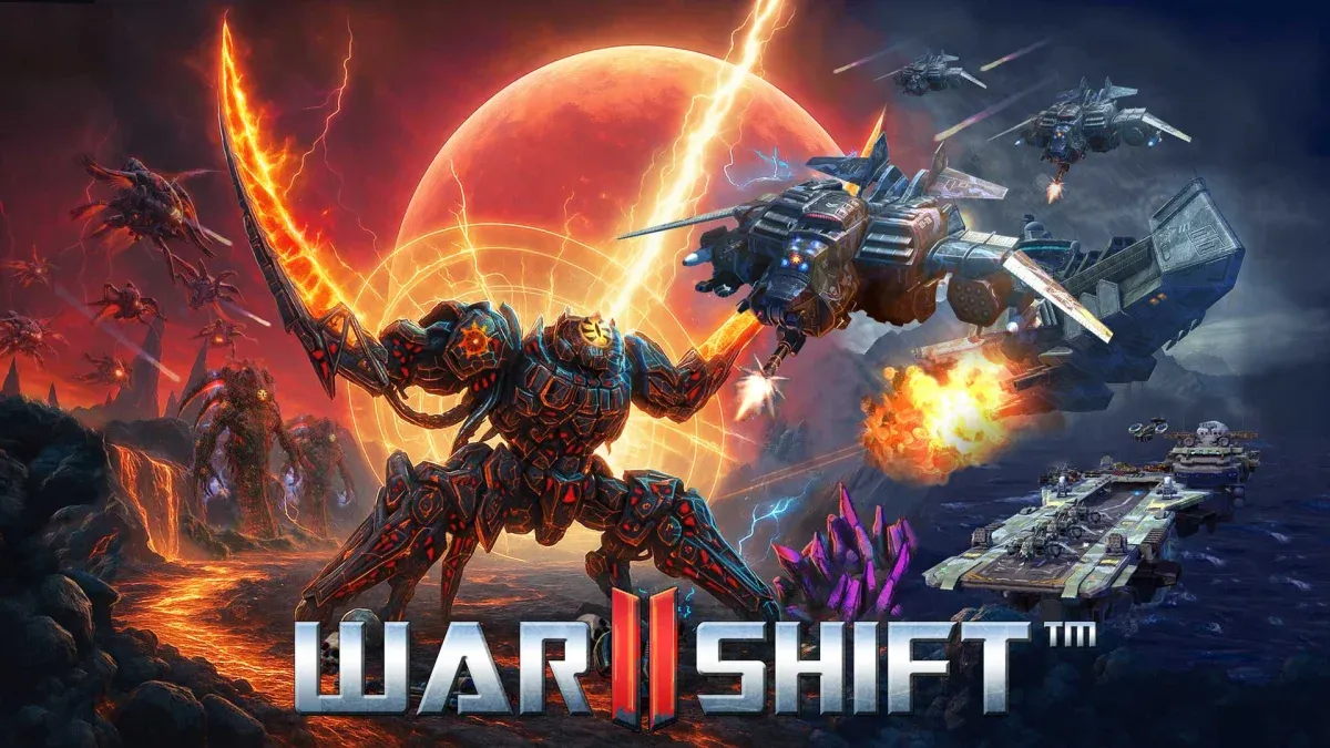 A colossal armored robot wields a glowing sword amidst a fiery battlefield with flying war machines and an explosive sky.