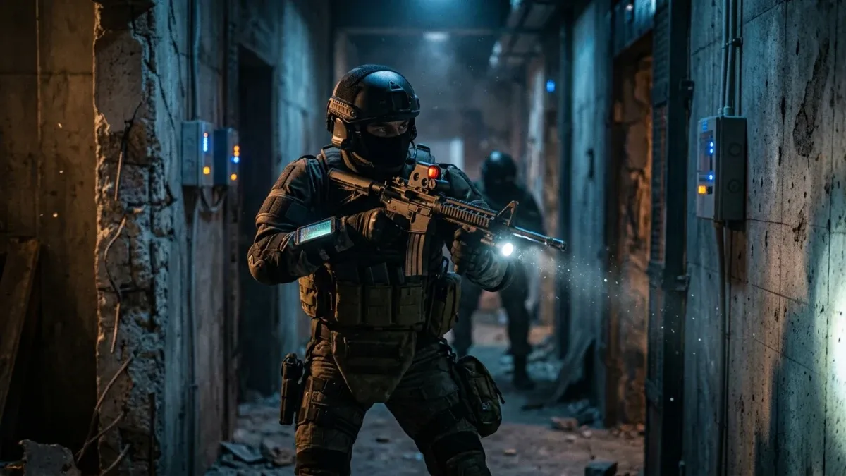 A tactical operator in full gear advances through a dim, debris-filled corridor with a flashlight and rifle.