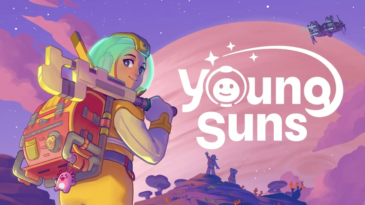 A character with teal hair and a large backpack stands on an alien planet under a pink sun, with the "Young Suns" logo and a small ship in the sky.