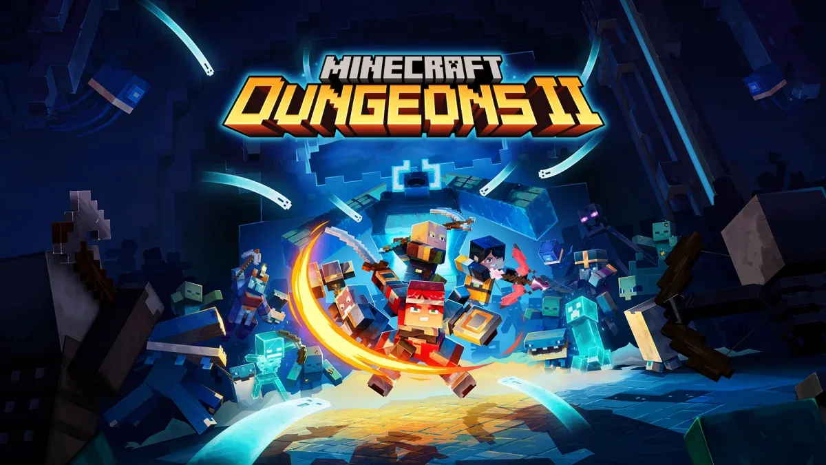 Blocky characters battle monsters in a glowing dungeon under the "Minecraft Dungeons II" title.