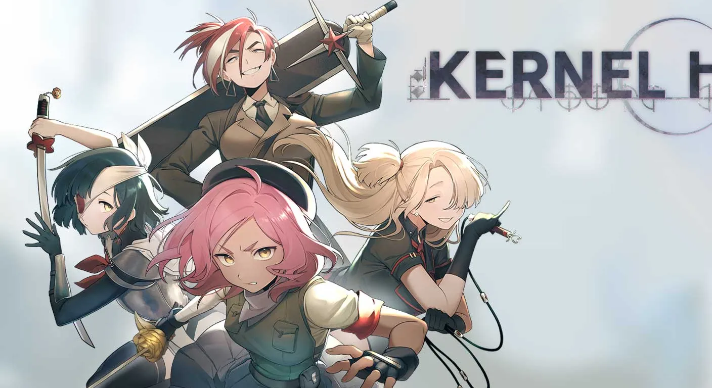 Four anime-style characters pose dynamically on a rocky outcrop beneath the "KERNEL HEARTS" title.