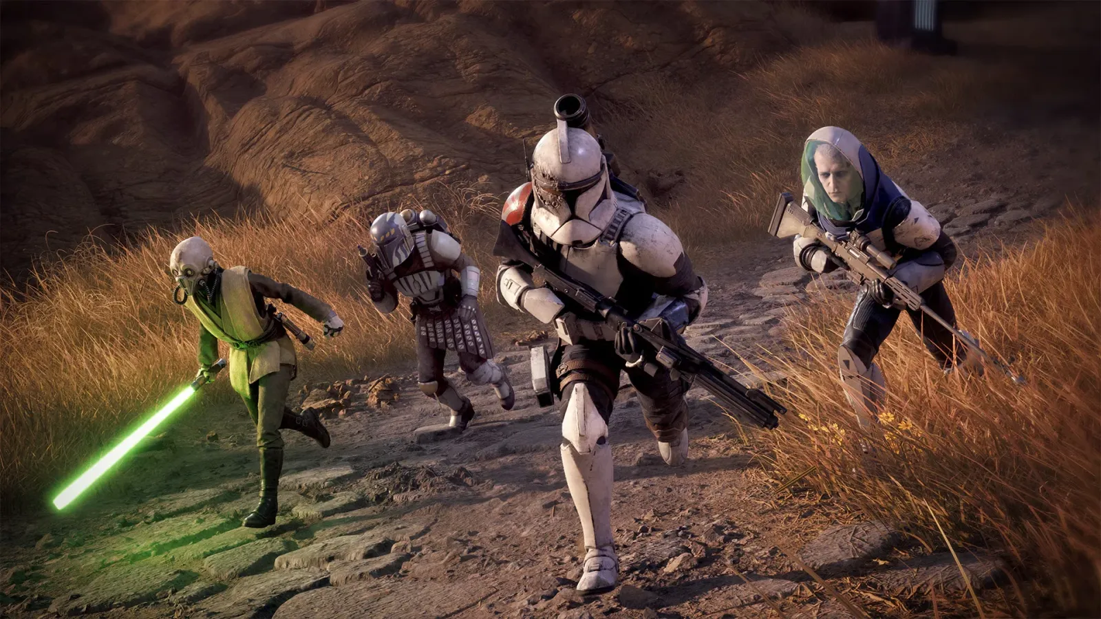 Four operatives advance through a rocky, grass-covered landscape: a green lightsaber-wielding alien, a Mandalorian-style warrior, a battle-worn clone trooper, and a sniper.