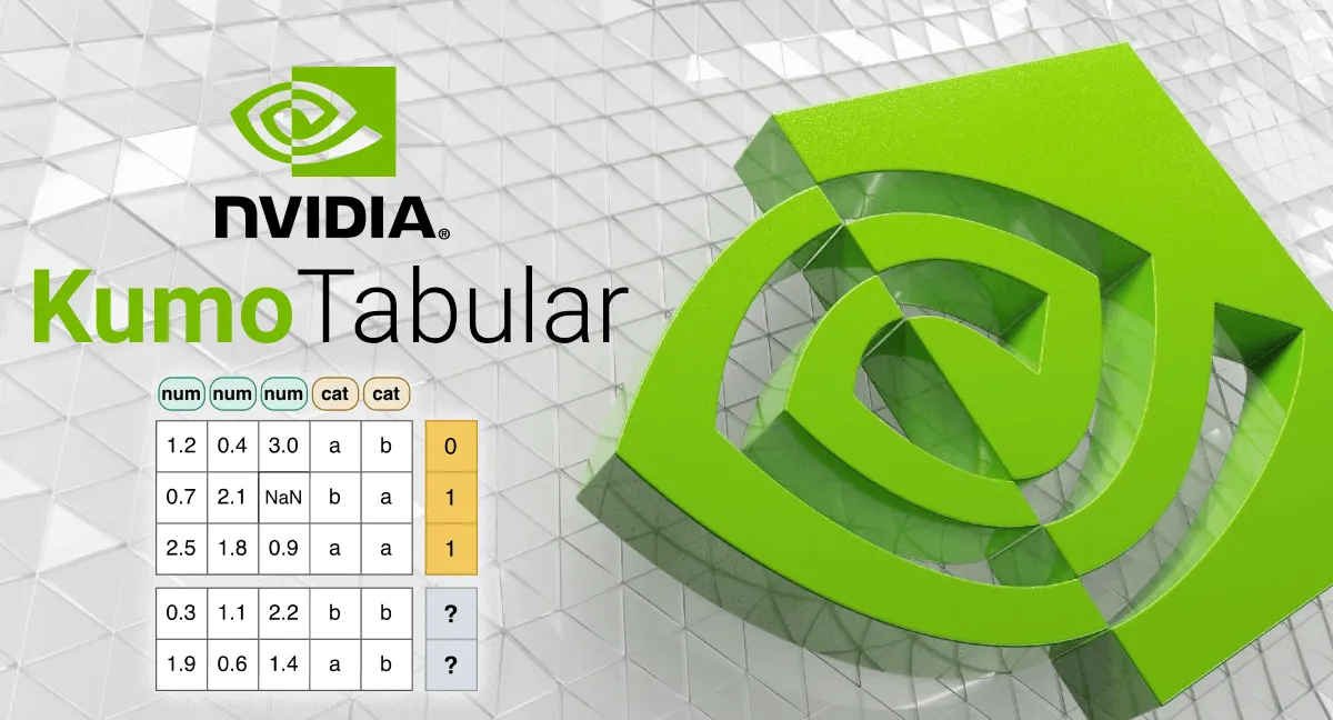 NVIDIA logo and Kumo Tabular text beside a 3D green eye symbol and sample tabular data with numerical and categorical columns.
