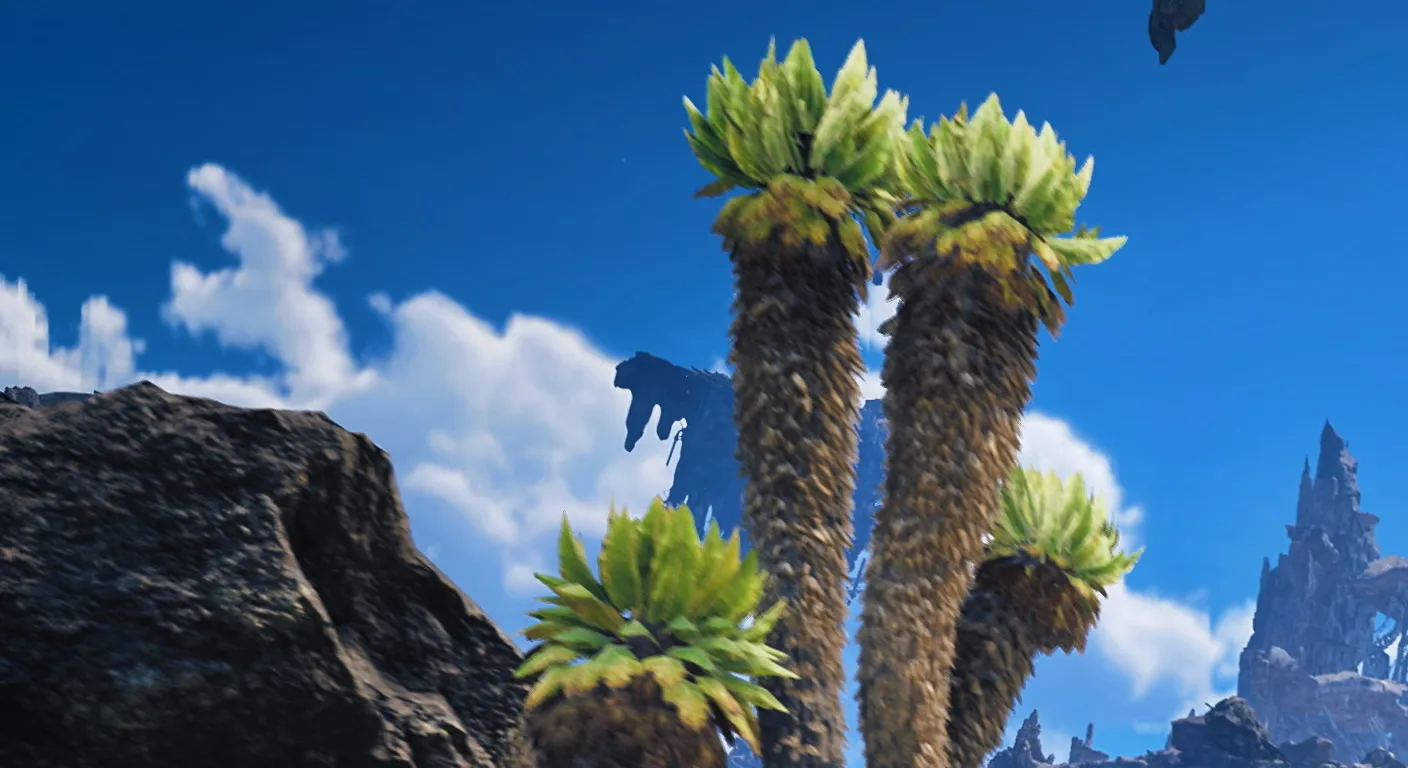 A hunter rides a creature across a rocky, vibrant landscape with floating ruins and colorful flora under a bright blue sky.