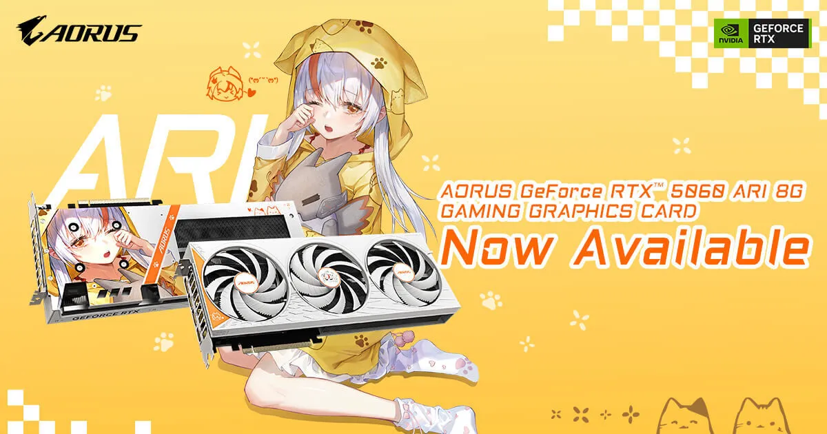 White GIGABYTE AORUS RTX 5060 ARI graphics card with three fans, beside anime girl in yellow outfit on yellow background.