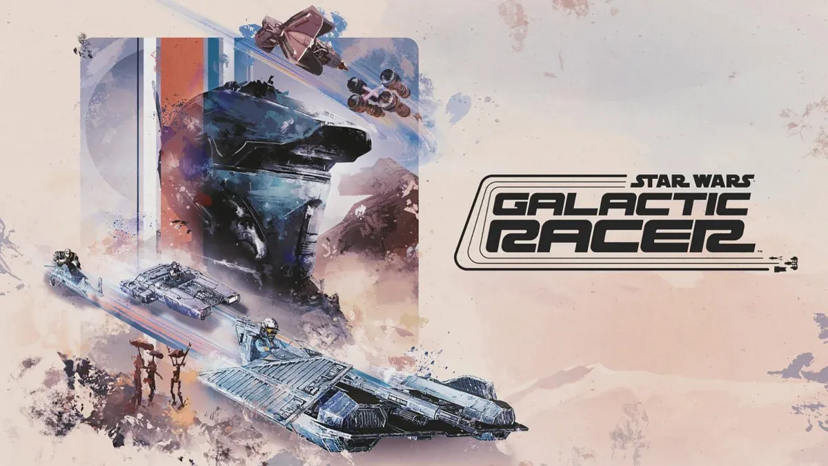 A dynamic illustration of Star Wars vehicles and characters racing across a desert landscape, with the "Galactic Racer" logo prominently displayed.