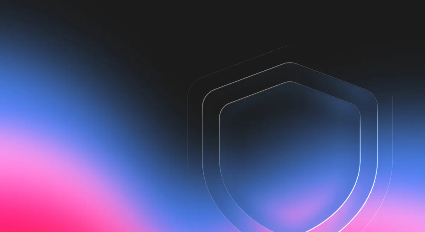 A translucent shield icon glows against a gradient background of blue, pink, and orange hues.