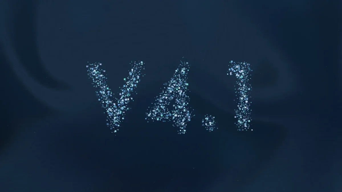 Sparkling blue particles form the text "V4.1" against a dark, smoky background.