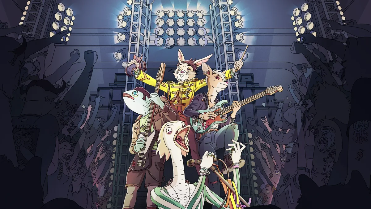 Anthropomorphic animal band performs on stage under bright lights with cheering crowd in shadow.