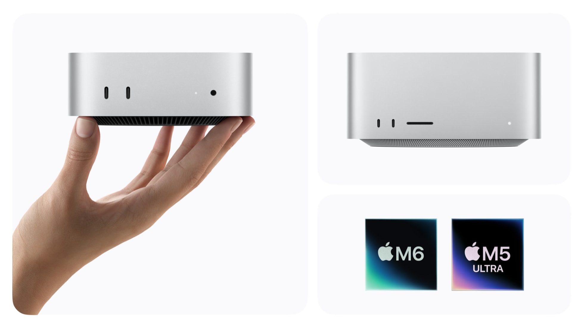 A hand holds a silver Mac mini beside images of a Mac Studio and M6, M5 Ultra chips.