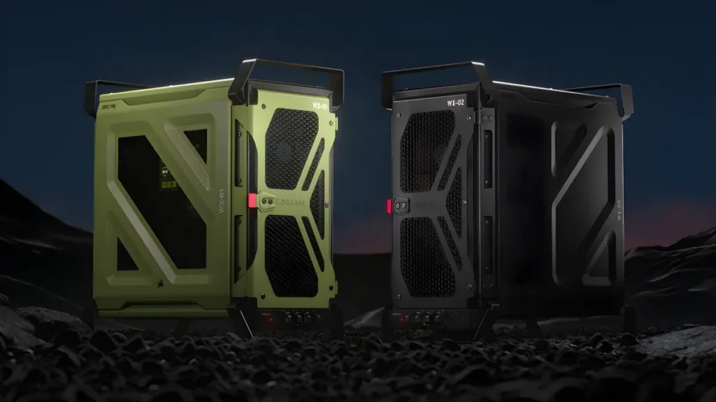 Two CORSAIR WARTHOG PC cases, one olive green and one black, stand side-by-side on rocky terrain under a twilight sky.