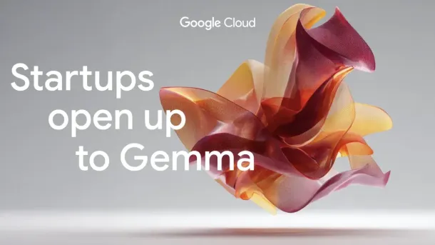 Google Cloud logo above text "Startups open up to Gemma" beside a flowing, translucent abstract sculpture in warm hues.