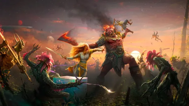 A fiery warrior and a blonde woman clash swords amidst monstrous creatures under a twilight sky with planets.
