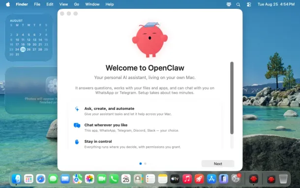 A macOS desktop displays the OpenClaw welcome window with a pink mascot, setup instructions, and a scenic background.