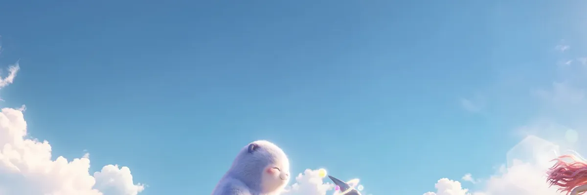 A woman with pink hair runs across a grassy hill with animated creatures under a bright blue sky.