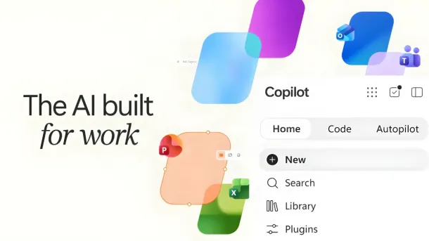 Colorful abstract shapes surround a Copilot interface with Home, Code, and Autopilot tabs, alongside text "The AI built for work.