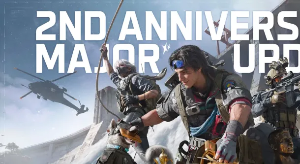 Soldiers in tactical gear stand atop a snowy cliff with a helicopter overhead, celebrating the game's 2nd anniversary update.