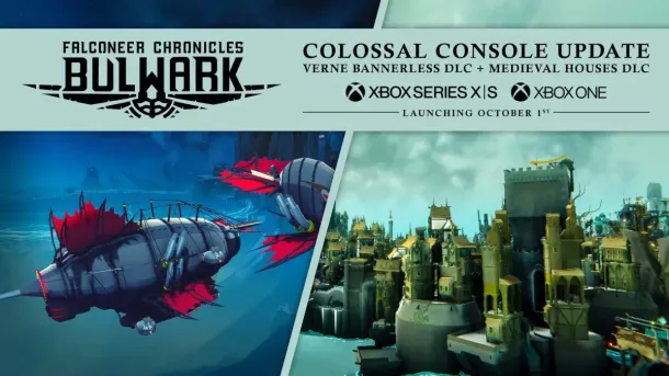 Split image shows a red-and-gray airship flying over water and a detailed medieval-style floating city, promoting the Bulwark update for Falconeer Chronicles.