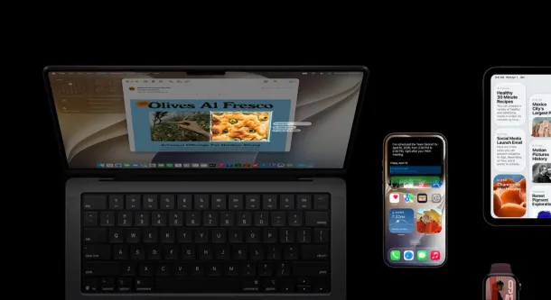 A MacBook, iPhone, iPad, Apple Watch, and Vision Pro display updated software interfaces against a black background.