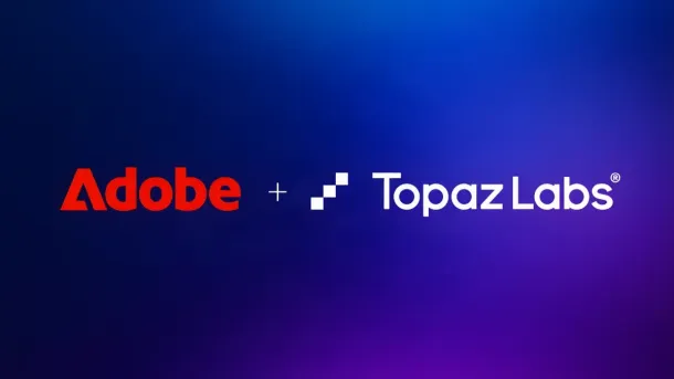 Adobe and Topaz Labs logos displayed side by side with a plus sign on a blue-to-purple gradient background.