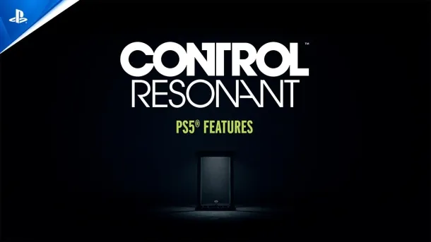 Dark background with bold white text "CONTROL RESONANT" and green "PS5® FEATURES" above a centered, illuminated PlayStation 5 console.