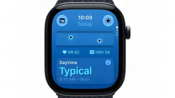 Apple Watch screen displays heart rate, HRV, and daytime activity status on a blue interface.
