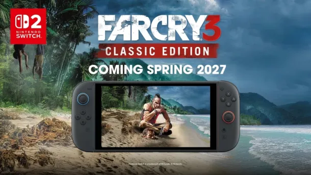 A Nintendo Switch 2 console displays a muscular man on a tropical beach, with "Far Cry 3 Classic Edition" text and jungle backdrop.