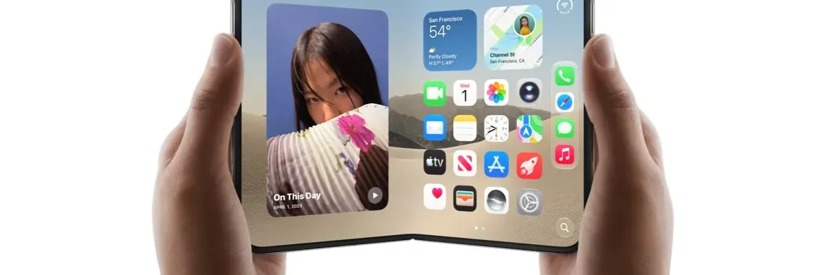 Hands holding a black foldable smartphone open, displaying a split screen with a photo and app icons.