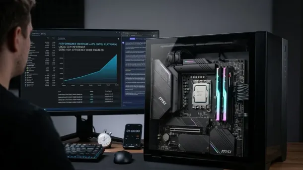 A person views a monitor displaying performance graphs next to an open MSI PC case with RGB lighting and components.