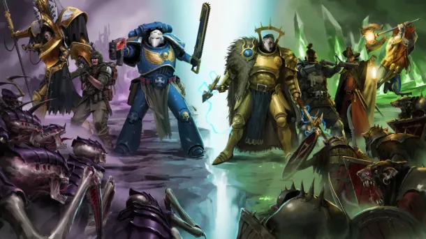 Armored warriors in futuristic and fantasy armor stand ready for battle, surrounded by monstrous creatures in a glowing, war-torn landscape.