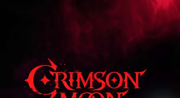 Two armored warriors stand back-to-back with glowing swords and shields, silhouetted against a dark, red-tinged background with the "Crimson Moon" logo in bold red text.
