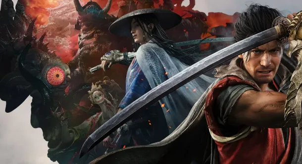 A warrior in red and gray wields a glowing sword, facing monstrous demons under a fiery sky.