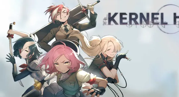 Four anime-style characters pose dynamically on a rocky outcrop beneath the "KERNEL HEARTS" title.