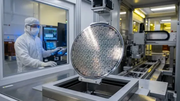 A silicon wafer with numerous processor dies sits on a machine in a cleanroom, with a technician in protective gear monitoring equipment in the background.