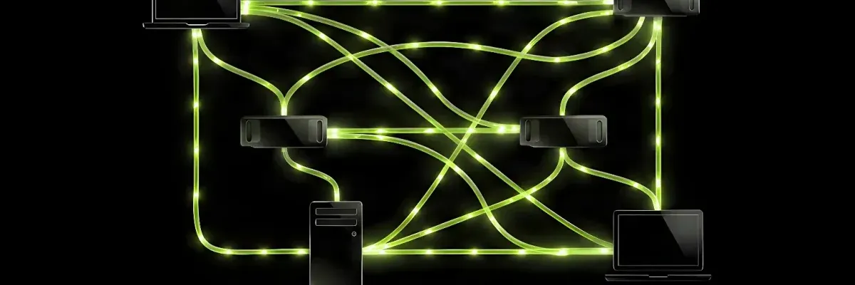 Glowing green network links connect laptops and devices in a distributed system on a dark reflective surface.