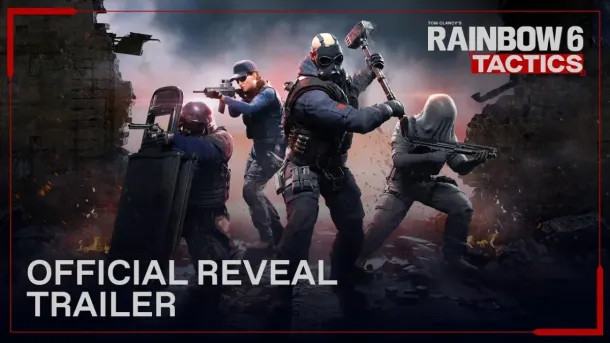 Four tactical operators in combat gear advance through a smoky, war-torn environment with weapons drawn.