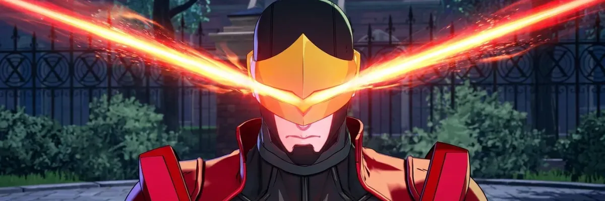 A masked figure in red and black armor emits bright orange laser beams from their eyes, standing before a stone building with a wrought-iron fence.