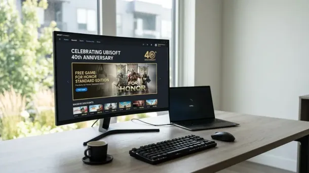 A computer monitor displays Ubisoft's 40th anniversary sale with a free game offer, alongside a keyboard, mouse, laptop, and coffee cup on a desk.