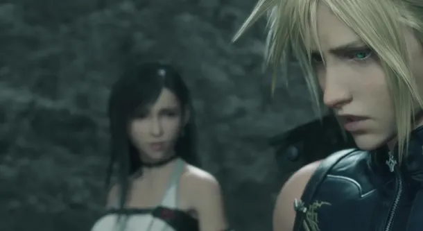 Cloud stands in the foreground with a serious expression, wearing his signature black and silver outfit, while Tifa looks on in the background.