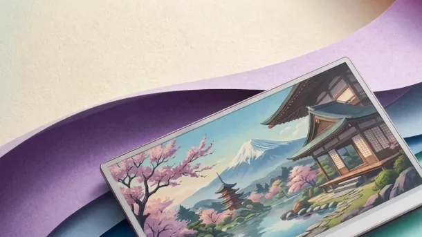 A tablet displays a vibrant, colorful scene of a traditional Japanese temple, cherry blossoms, and Mount Fuji against a soft purple and cream background.