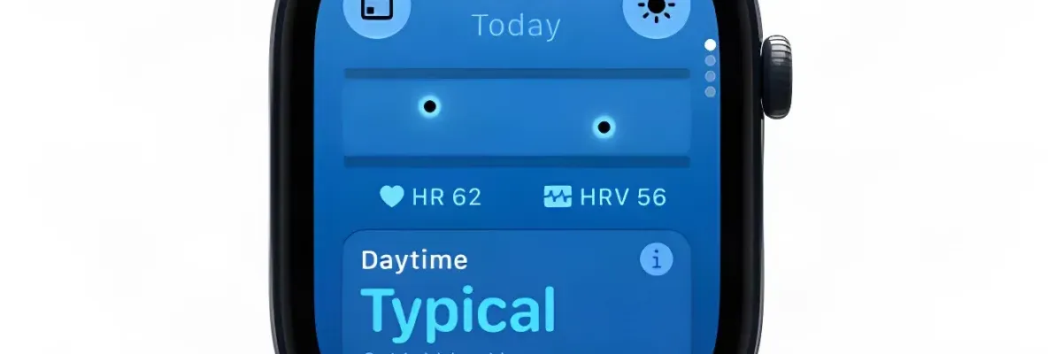 Apple Watch screen displays heart rate, HRV, and daytime activity status on a blue interface.