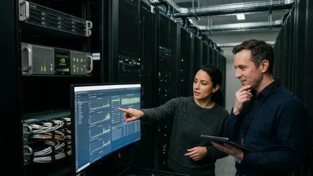 Two professionals examine performance graphs on a monitor in a data center with NVIDIA servers.