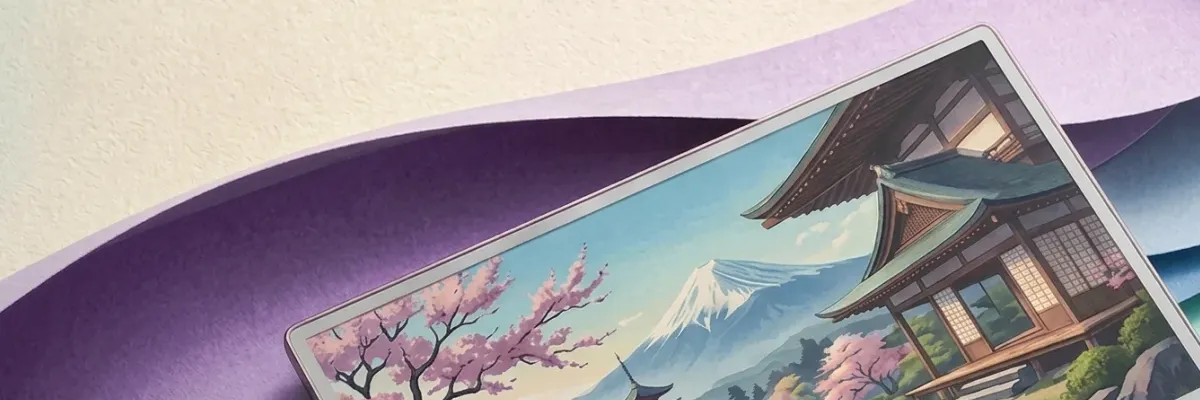 A tablet displays a vibrant, colorful scene of a traditional Japanese temple, cherry blossoms, and Mount Fuji against a soft purple and cream background.
