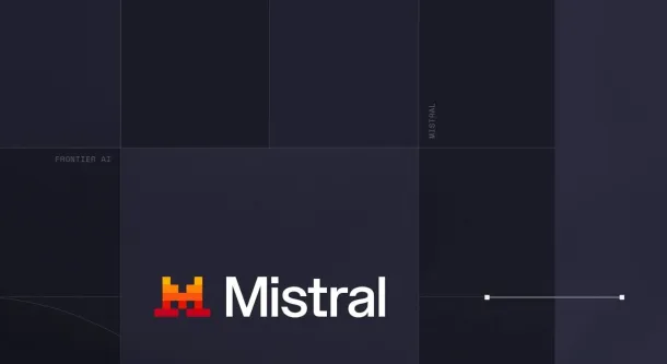 Mistral and Firefox logos connected by a line on a dark grid background with small fox icons.