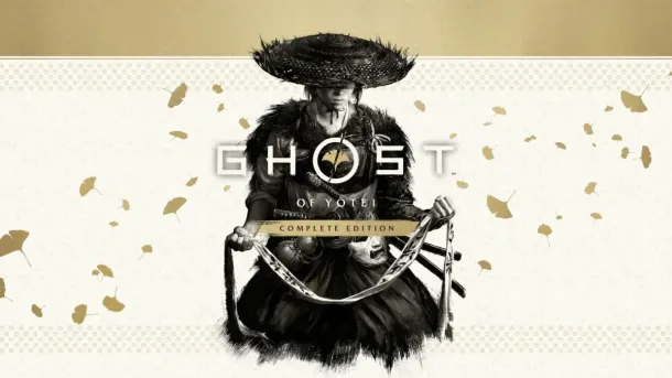 A samurai warrior in traditional attire with a wide-brimmed hat and dual swords, surrounded by falling leaves, with the game title "Ghost of Yōtei Complete Edition" overlaid.