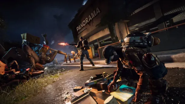 A soldier fires a weapon at a robot in a rainy, overgrown urban street at night near a "PANORAMA" building.