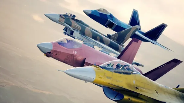 Four colorful fighter jets fly in formation against a hazy sky, showcasing vibrant liveries and sleek designs.
