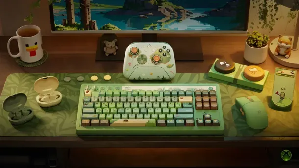 A green-themed desk setup featuring a custom Xbox controller, keyboard, mouse, and accessories with cute animal designs.