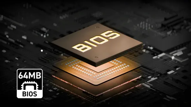 A golden BIOS chip labeled "BIOS" sits atop a circuit board, with a 64MB capacity icon nearby.